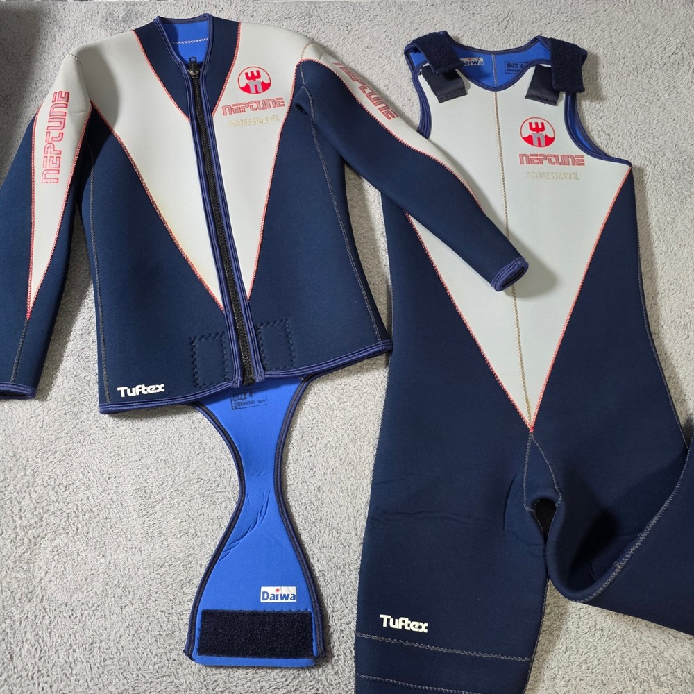Neptune Daiwa Mens Size 4 Wetsuit 2pc 5mm Tuftex Navy Grey Beaver Tail Long John